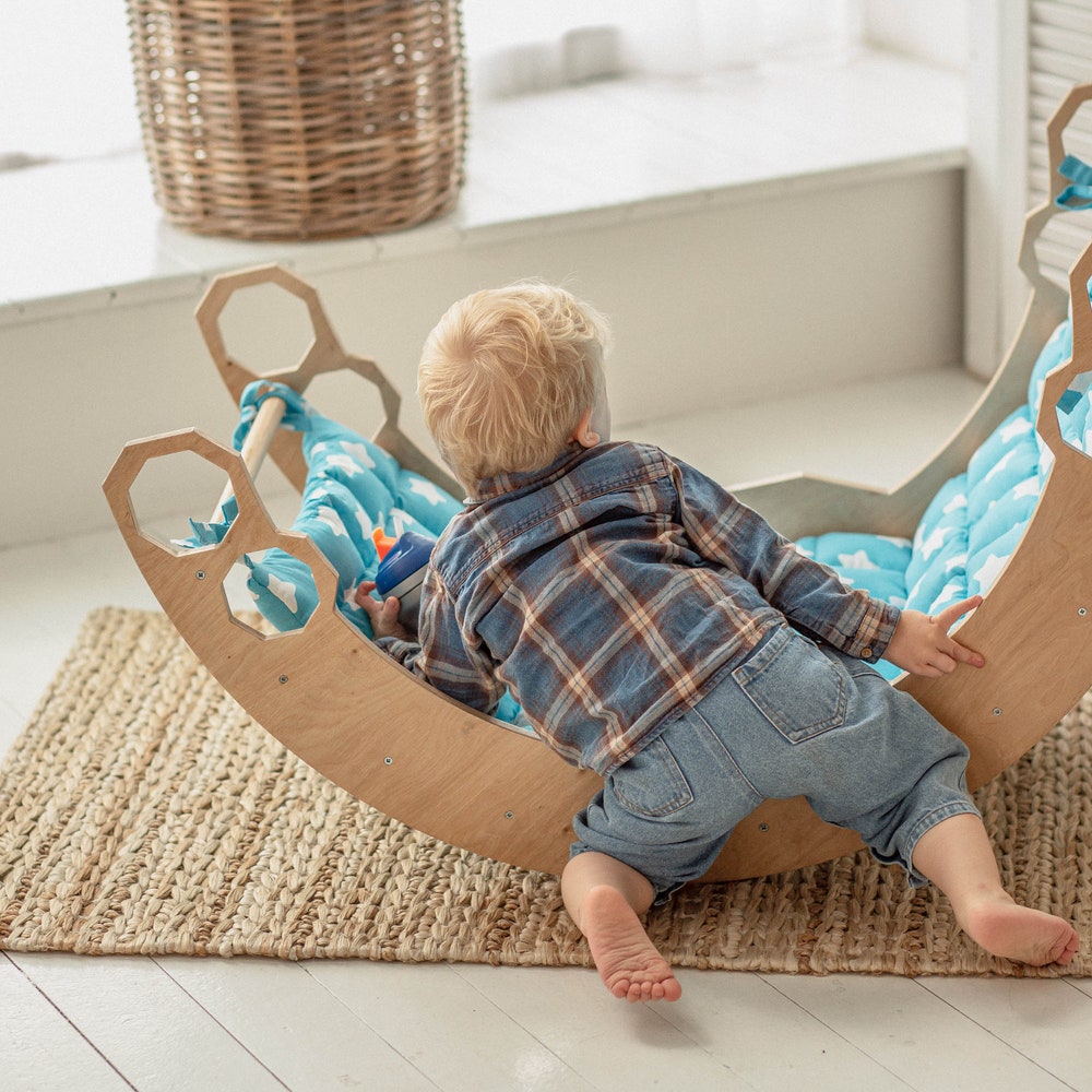 Climbing Arch with Pillow and Ramp, Montessori Furniture, Arch Rocker Pillow, Toddler Christmas gift, Nursery Playmat, Wooden Baby Gym - Image 4