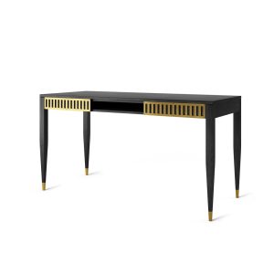 Black oak office desk with two solid oak drawers and shelf, brass fronts, mid century modern, study desk, writing desk, solid oak desk