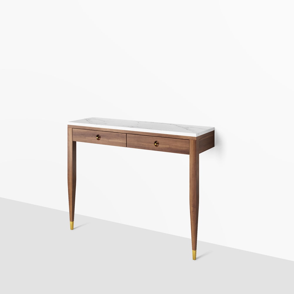 Walnut console table with marble top two drawers and two legs, hallway table, entryway table, dressing table in solid walnut wood - Image 2