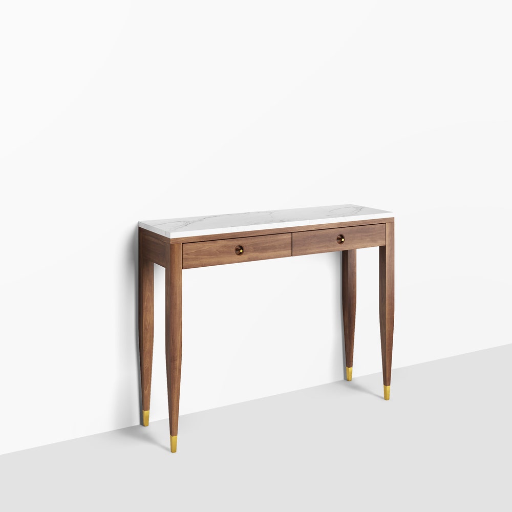 Walnut console table with marble top two drawers and four legs, hallway table, entryway table, dressing table in solid walnut wood, oak wood - Image 2