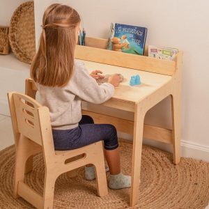 Desk and chair set for toddler, Montessori table with bookshelf, Kids board game table, Desk with drawer, Minimalist furniture,