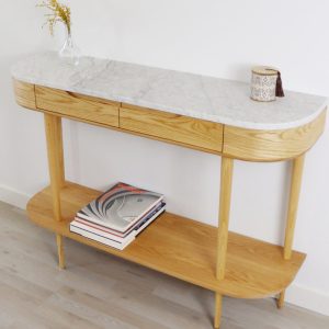 Console Table with 2 drawers, shelf and 4 Legs in solid American Oak or Walnut with Marble top