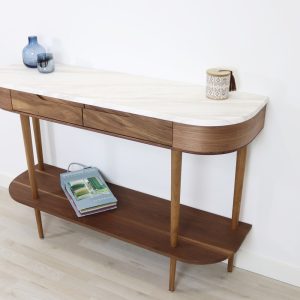 Console Table with 2 drawers, shelf and 4 Legs in solid American Oak or Walnut with Marble top