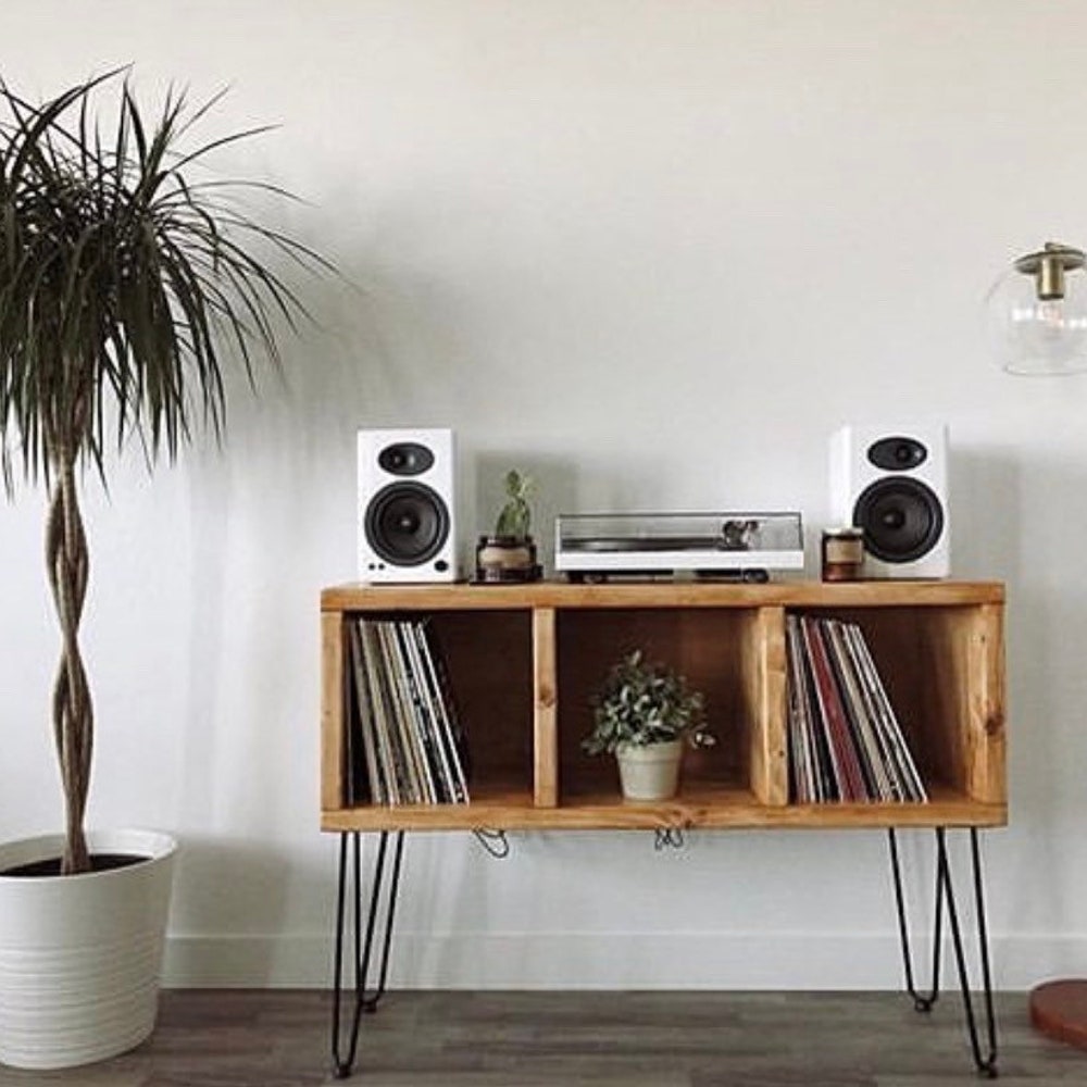 Vinyl Record Storage Record Player Cabinet Vinyl Record Holder Turntable Stand Customizable Handmade Vinyl shelves Tall Metal Legs 32” Tall - Image 6