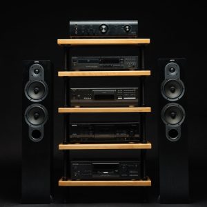 2 IN 1 Registered design stand, 5 Tier Oak Black rods stand, audio rack / Record player stand / Turntable stand / Threaded rod shelf