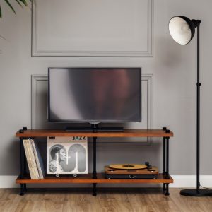 Registered design stand, 2 Tier Black Threaded Rods Stand, Handmade Record Player Stand, Industrial Vinyl Table, Media Hifi TV Unit