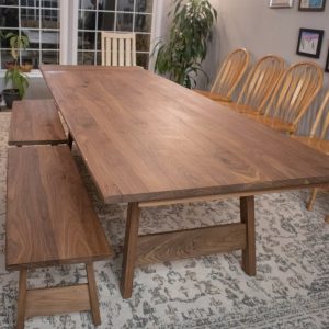 Long Dining Table with Leaves, Walnut Extendable Table with Benches, Extension Table on Walnut H Legs, Expandable Wood Dining Table Set
