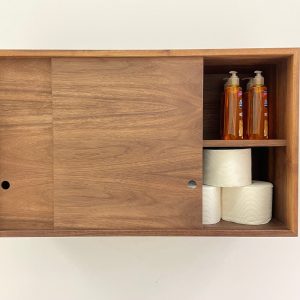 Floating Bathroom Storage Cabinet with Sliding Doors, Solid Walnut