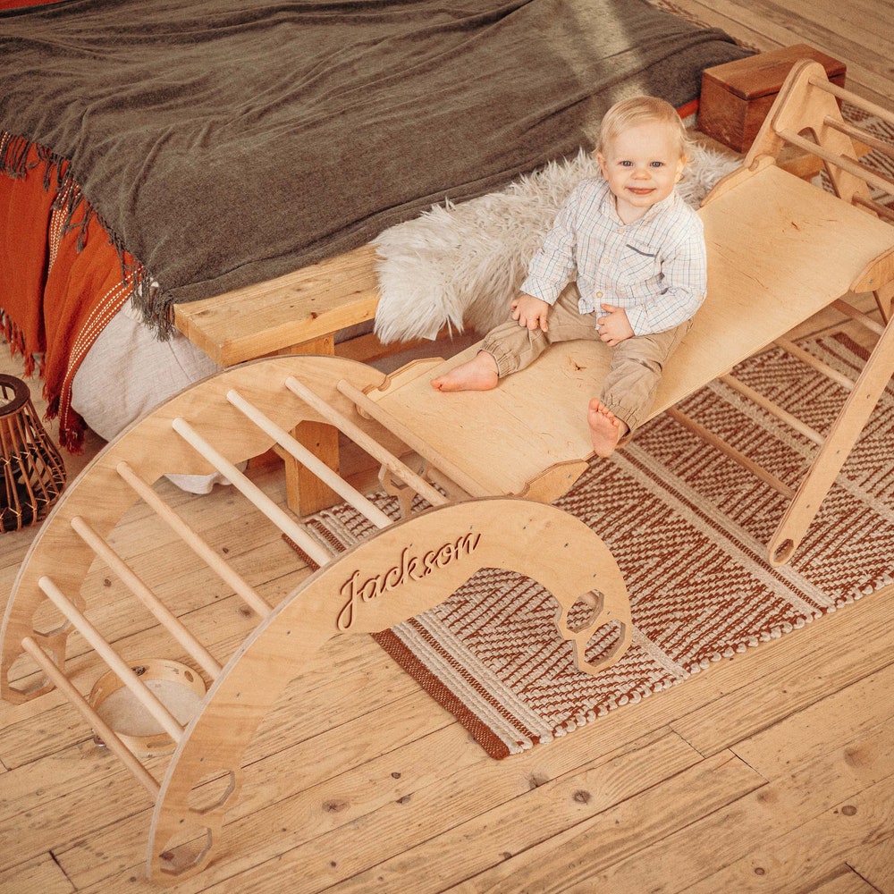 Montessori climbing Set of 3: Arch + Foldable triangle + Slide, Montessori furniture, Toddler Climber, Baby wooden gym, Play equipment