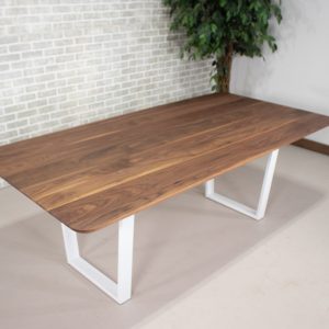 Modern Walnut Dining Table, Walnut Table with Angled Edge, Wood Dining Room Table on White Steel Legs, Wood Rectangle Dining Table