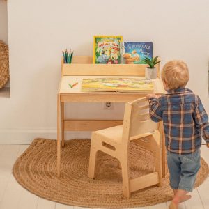 Learning Preschool Desk with Bookshelf for Toddler, Montessori Kids Desk, Activity Table with chair, First day of Preschool gift