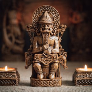 Thor statue, Mjollnir, Ragnarok, norse gods, wood carving altar heathen asatru viking god and goddes sculpture wooden scandinavian pantheon