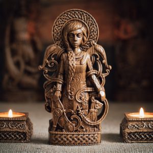 Freyja statue, Freya, Vanadís, norse gods, wood carving altar heathen asatru viking god and goddes sculpture wooden scandinavian pantheon