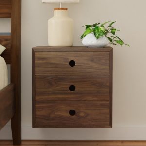 Walnut Floating Nightstand with Drawers, Narrow and Tall