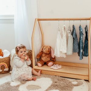 Montessori Clothing Rack with Shelf, Toddler furniture, Nursery storage, Montessori wardrobe, Kindergarderobe, Dress up rack, Kids closet
