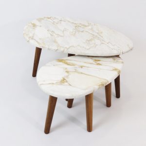 Par Coffee tables  in Calacatta gold marble and walnut.
