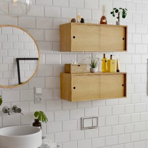 White Oak Floating Bathroom Storage Cabinet with Sliding Doors