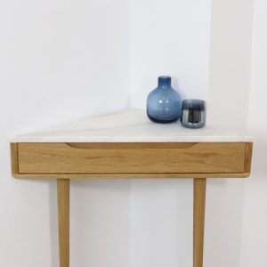 Corner console table in Walnut or Solid Oak with Marble top.