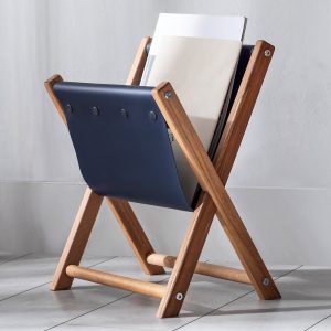 Leather and Wooden Newspaper Holder, Magazine Rack, File and Mail Organizer, Living Room Home Decoration, Office Accessories, Navy Blue