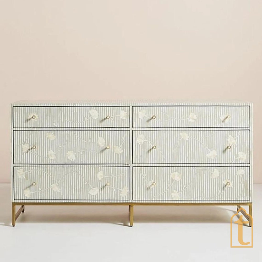 Bone Moroccan Inlay 6 Drawers Chest of Drawers,Bone Inlay 6 Drawers Dresser, Bone Inlay Chest of Drawers,Bone Inlay Furniture Sideboard Unit - Image 2