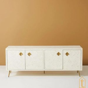 Bone Inlay Optical Design Media Cabinet White, Bone Inlay Optical Design Media Console, Bone Inlay Storage Unit.