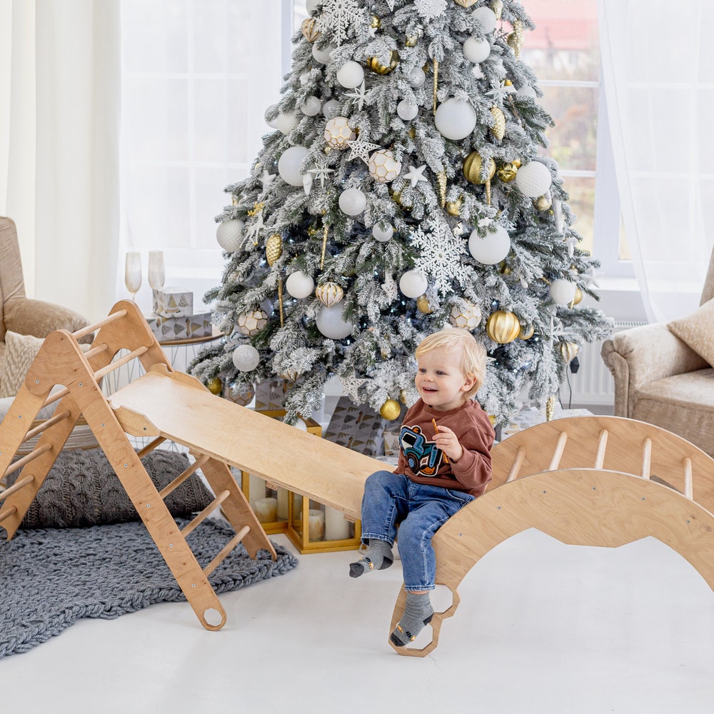 Christmas Edition - Montessori climber + Rocker with Cushion, Indoor playground, Montessori furniture, Indoor baby swing, Educational toy