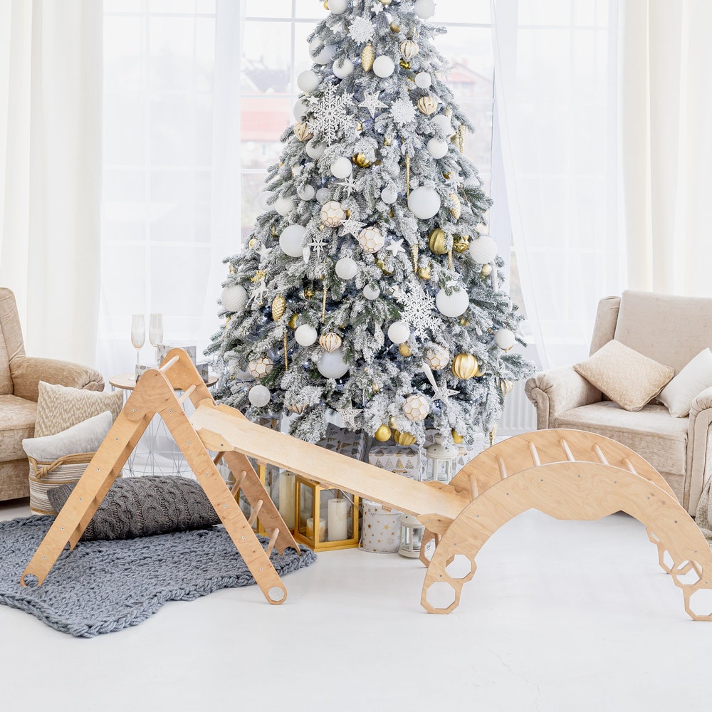 Christmas Edition - Montessori climber + Rocker with Cushion, Indoor playground, Montessori furniture, Indoor baby swing, Educational toy - Image 4