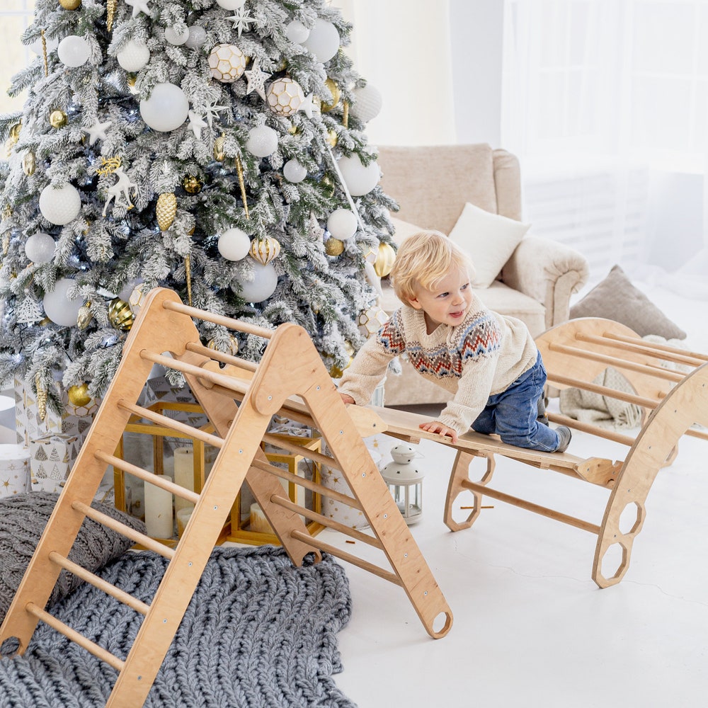 Christmas Edition - Montessori climber + Rocker with Cushion, Indoor playground, Montessori furniture, Indoor baby swing, Educational toy - Image 5
