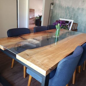 Live Edge Glass River Table – Custom Chestnut, Oak and Walnut Dining Table | Handcrafted Wood and Glass Design | Timeless Rustic Elegance