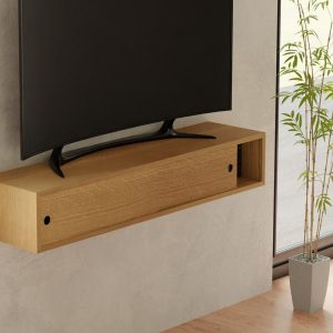 Floating Media Console TV Stand with Sliding Doors in Solid White Oak