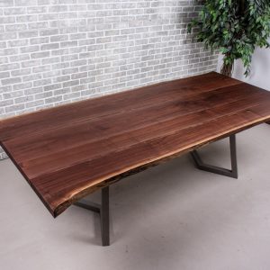 Modern Table on Silver Steel Legs, Live Edge Dining Table, Large Walnut Live Edge Dinner Table, Live Edge Table for 8 People, 8 Foot Table