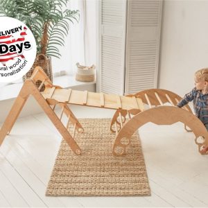 Set of 3 items: foldable Triangle + Arch + Ramp with slide, Climbing Montessori furniture for Toddlers, Wood baby gym
