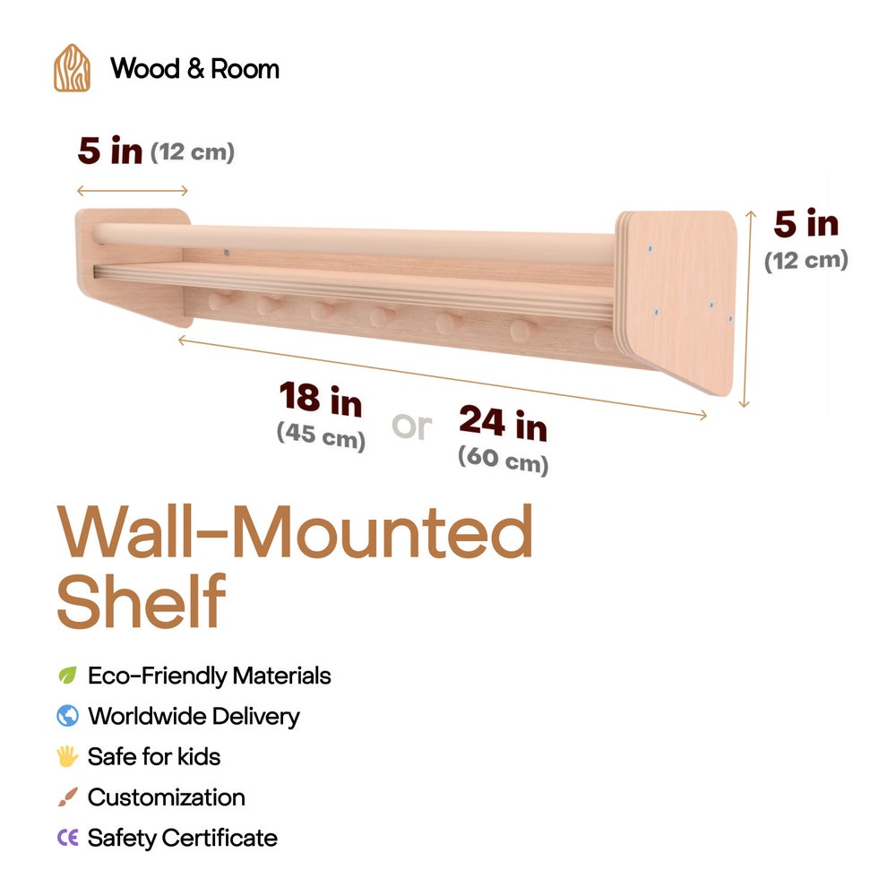 Nursery bookshelf with hooks, Kids book shelf, Floating shelves, Clothing rack, Toddler toys storage Wall mount toy shelf, Modern Boho Decor - Image 5