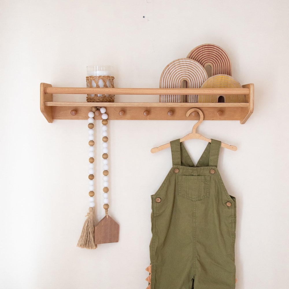 Nursery bookshelf with hooks, Kids book shelf, Floating shelves, Clothing rack, Toddler toys storage Wall mount toy shelf, Modern Boho Decor - Image 7
