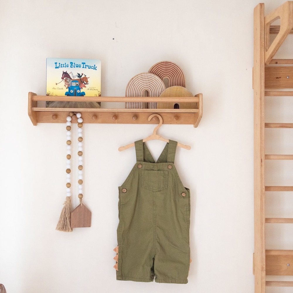 Nursery bookshelf with hooks, Kids book shelf, Floating shelves, Clothing rack, Toddler toys storage Wall mount toy shelf, Modern Boho Decor - Image 3