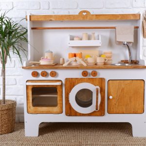 Handcrafed Wooden Play Kitchen | White and Natural | Customizable | Play Area Pretend Play Toys