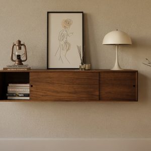 Floating Walnut Credenza Sideboard Bar Cart with Sliding Doors