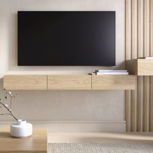 Floating TV stand with drawers / media console - white oak