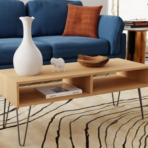 Maple Coffee Table with Stainless Steel Hairpin Legs, Mid-Century Modern Style