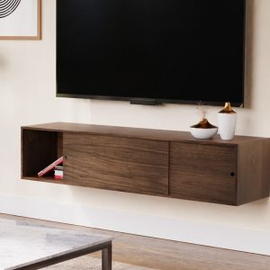 Solid Walnut XL  Floating Media Console Table with Sliding Doors, TV Stand