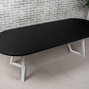 Black Oval Dining Table, Racetrack Oval Table Top in Oak Wood on White Steel Legs, Oval Wood Table for Kitchen or Dining Room, 8' Wood Table
