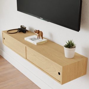 Floating Media Console TV Stand with Sliding Doors in Solid Hard Maple
