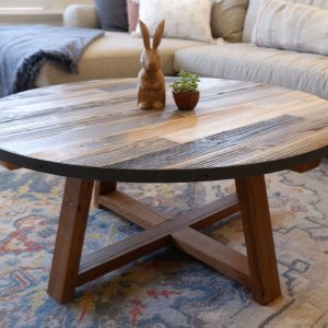 Round Wooden Coffee Table w/ X Style Farmhouse Solid Wood Legs | AllBarnWood Reclaimed Top Metal Barrel Band | Rustic Living Room Furniture