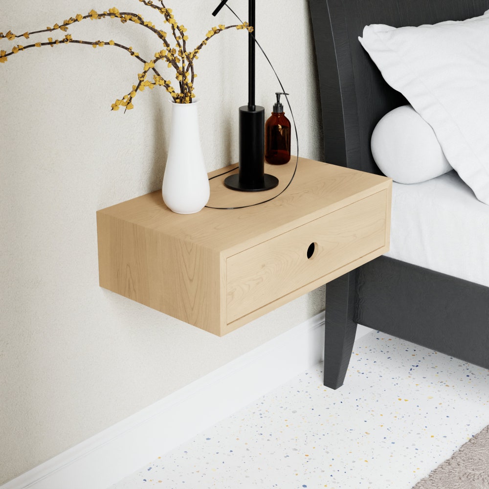 Floating Nightstand with Drawer / Mid Century Modern Bedside Table in Solid Maple - Image 5