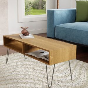 White Oak Coffee Table with Stainless Steel Hairpin Legs, Mid Century Modern
