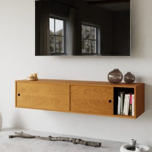 Solid Cherry Floating Media Console Table with Sliding Doors, TV Stand