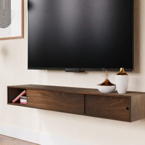 Walnut Floating TV Stand Media Console with Sliding Doors, TV Stand