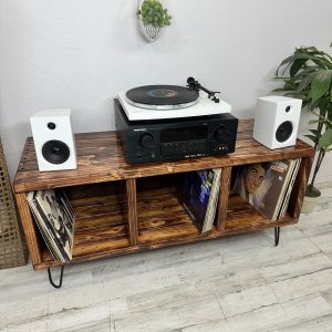 Record Player Stand with Vinyl Storage Furniture for Larger Amp & Receivers Stereo Cabinet Record Storage Shelf Antique Record Cabinet