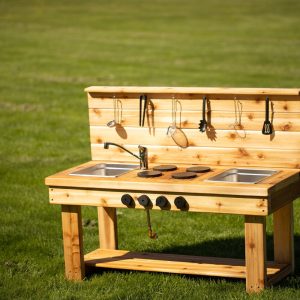 Centered Simple Mud Kitchen with Backsplash | Outdoor Pretend Kitchen & Working Sink | Montessori Kids | Backyard Wooden Toy | Sensory Table