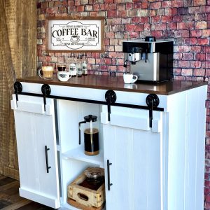 Mid Century Modern Wood Coffee Bar w/ Sliding Barn Doors Farmhouse Cabin mountain Console Cabinet